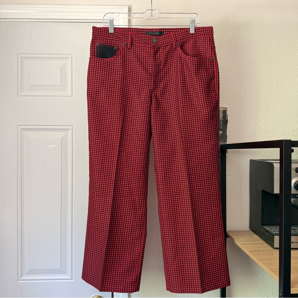 Marc Jacobs red black houndstooth wide straight leg cropped trousers pants